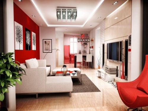 Phòng khách nổi bật với kính ốp tường màu đỏ kết hợp trắng